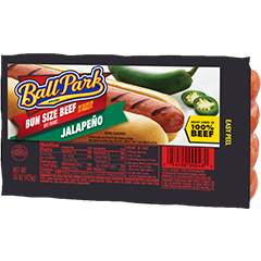 Ball Park Bun Size Beef Jalapeño franks packaged with, grilled hot dogs, sliced jalapeños, and “100% Beef” label