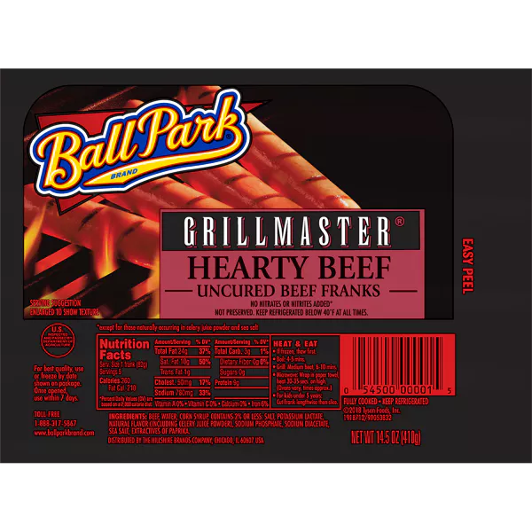 Grillmaster Hearty Beef Franks packaging