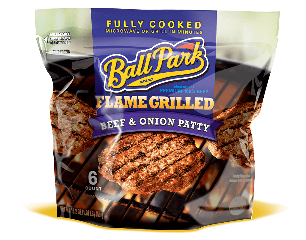 Ball Park Fully Cooked Frozen Flame Grilled Beef Onion Burger Patties